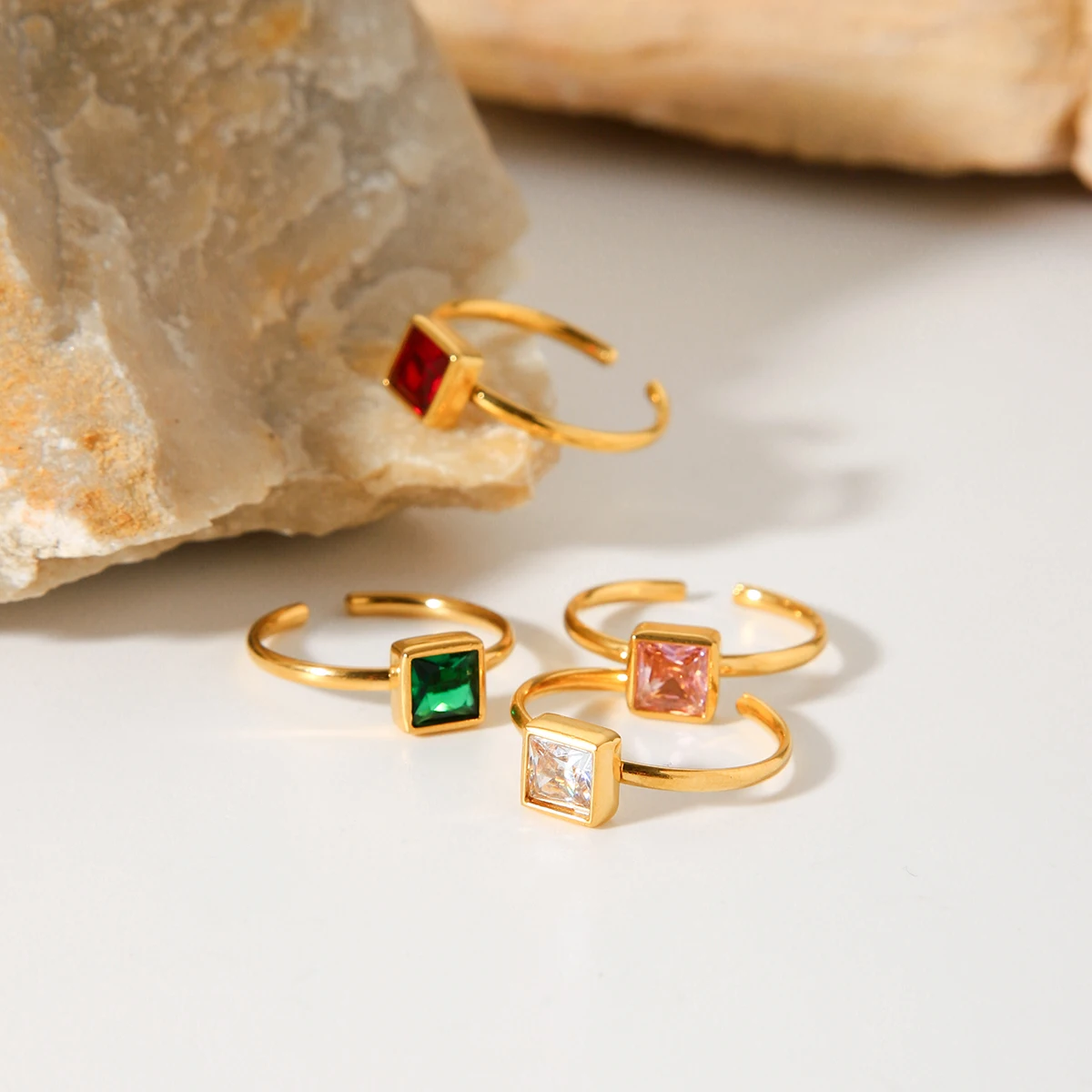 

Square Colored Zircon Stacking Ring Stainless Steel 18K Gold Plated Minimalist Women Jewelry Waterproof Bijoux Femme Gift