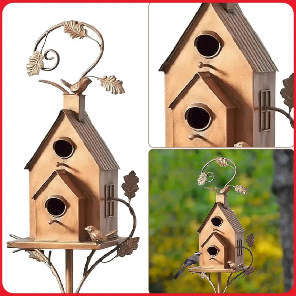 Metal Bird House with Pole Garden Outdoor Metal Birdhouse Decoration Metal Birdhouse Stake for Outdoor Yard Garden Decor