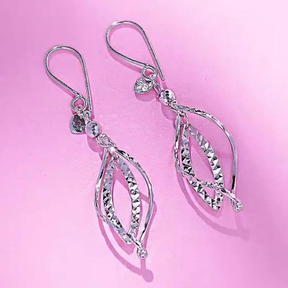 Real Pure Platinum 950 Women Lucky Carved Rhomboid Hollow Twist Dangle Earrings 2.7g