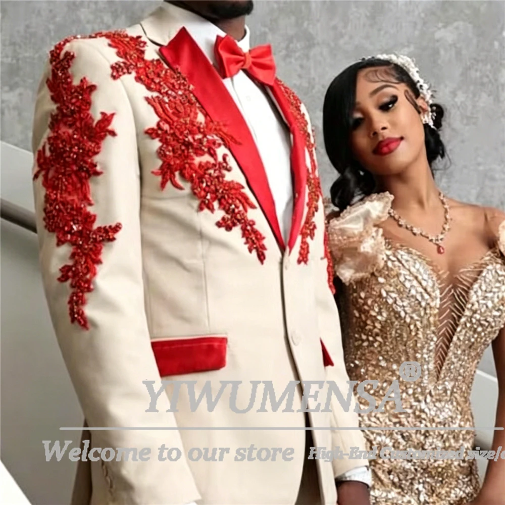 Luxurious Beaded Groom Wedding Tuxedos Customized Slim Fit Peaked Lapel Men Suits Sparkling Rhinestone Embroidery Costume Homme