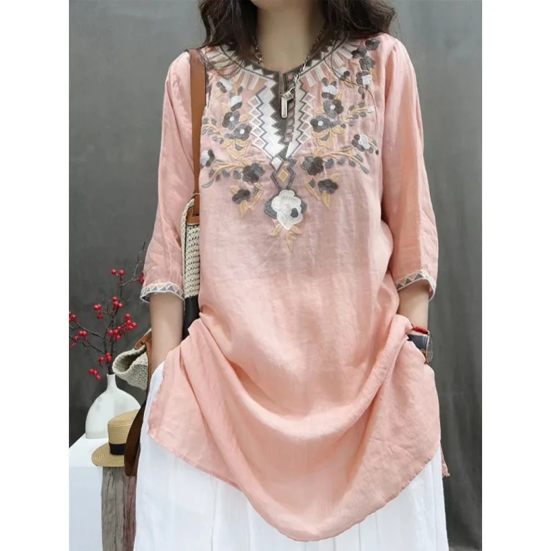 

Cotton Linen Embroidered Women S Spring Summer Autumn New Chinese Style Mid Sleeve Thin Top T Shirt