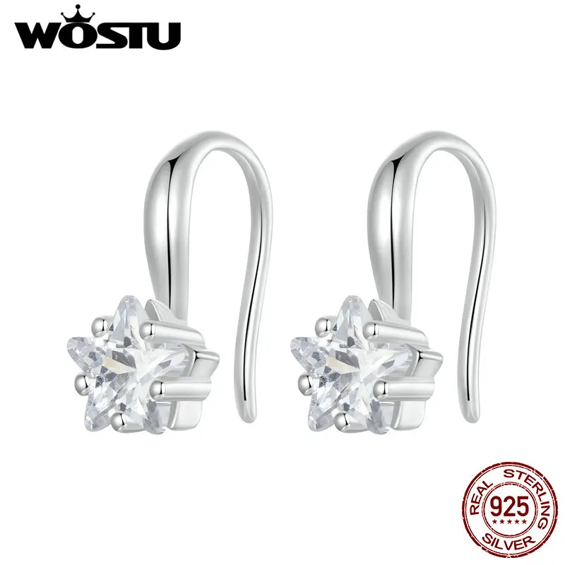 WOSTU 925 Sterling Silver Simple AAA Zircon Star Drop Dangle Earrings For women Clear Crytal Party  Star Ear Hooks Wedding Gift