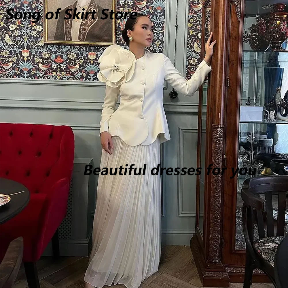 

Customized Elegant 2-Piece Prom Dresses Long Sleeves Handmade Flower Evening Dresses Pleated A-Line Wedding Party Dress