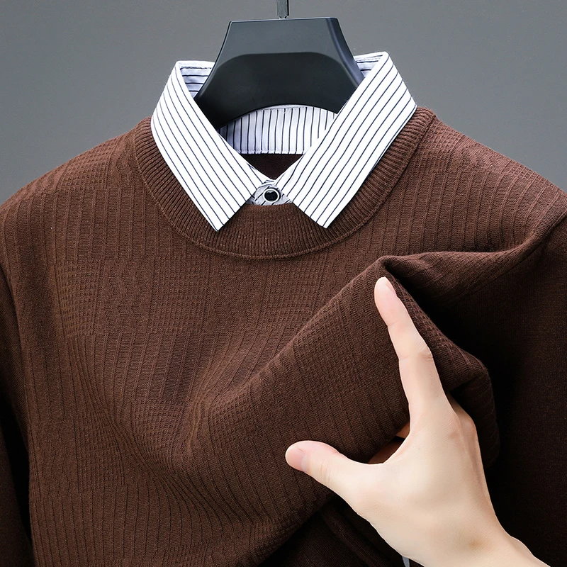 

Оригинальный дизайн, мужская рубашка с воротником из двух предметов, осень-зима, Новое поступление, утепленный шерстяной трикотаж на флисовой подкладке, модная мужская одежда