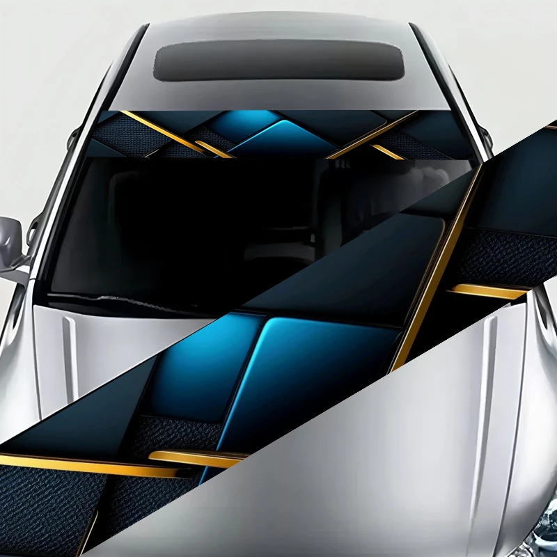 1 blue and gold geometric light luxury decorative painting car front windshield sticker - waterproof and scratch-proof vinyl