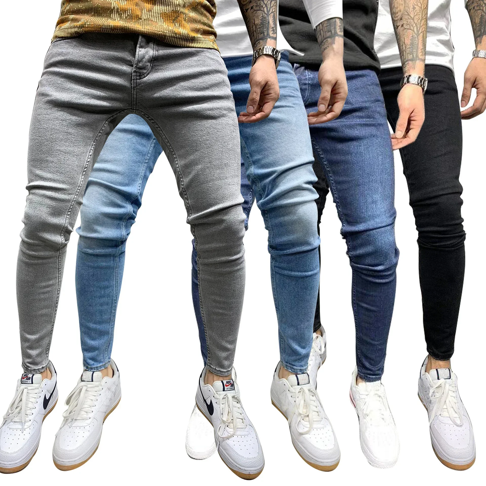 

Men Stretch Jeans Washed Pencil Pants Mid Waist Vintage Denims Pockets Button Zipper Fly Casual Basics Ankle Length Trousers