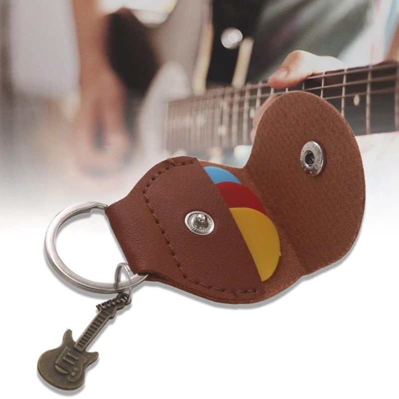 Guitar Pick Holder Case with Keyring & Small Pendant PU Leather Guitar Plectrum Bag for Guitar Player and Music Lover