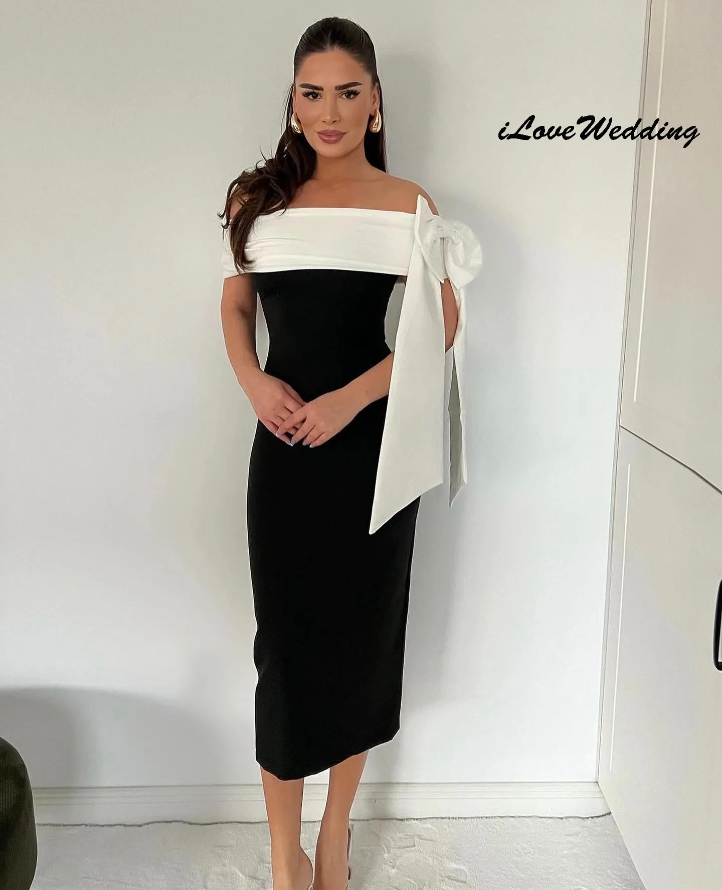 Vestidos de fiesta elegantes con hombros descubiertos, vestidos de cóctel hasta el té con lazo, vestido Formal de sirena para mujer, vestido de fiesta para Gala personalizado 2025