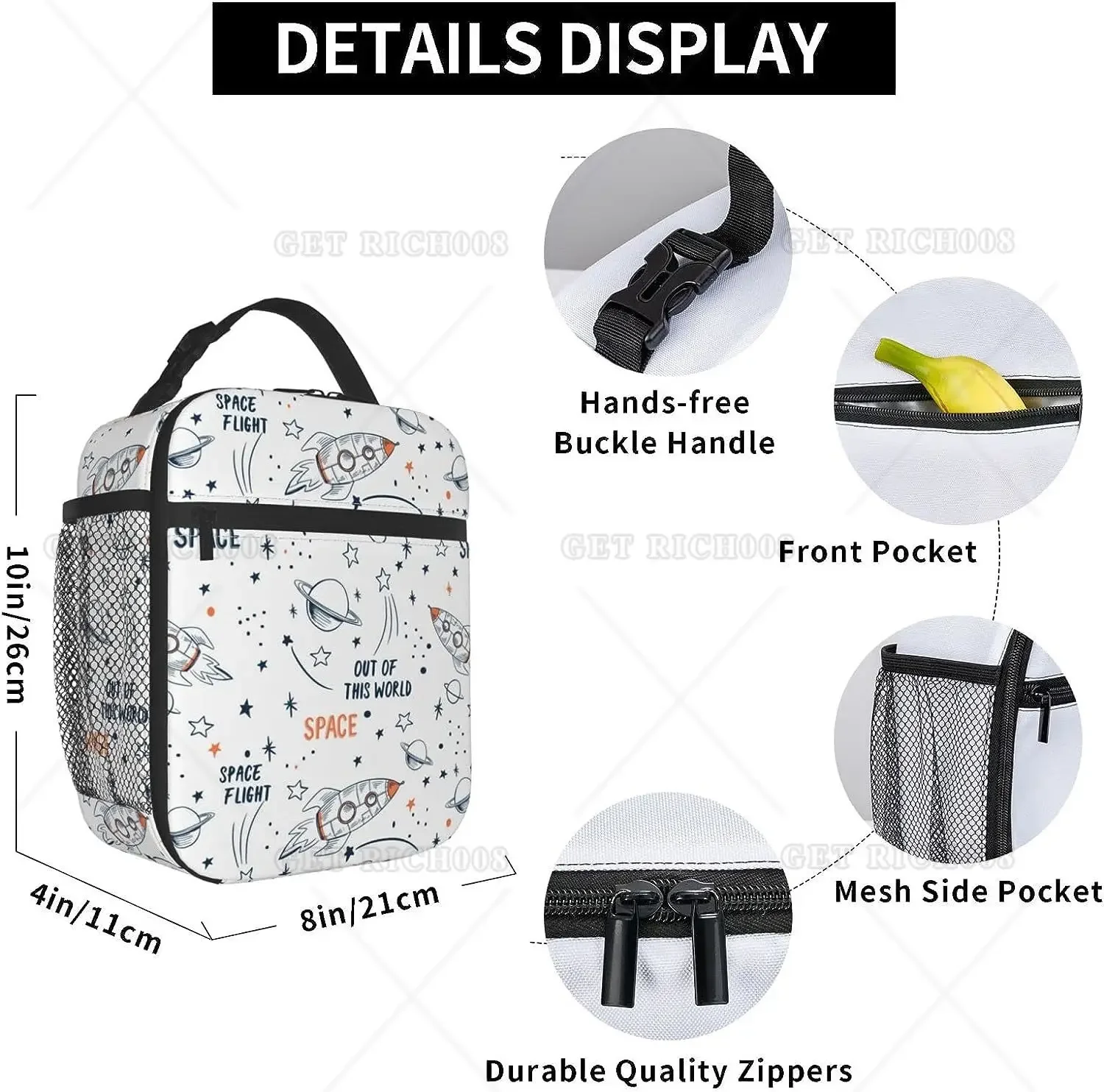 Cartoon Space Rocket Planets Stars Insulated Lunch Bag for Boys Lunch Box for Office Travel Meal Tote Bag for Women and Men