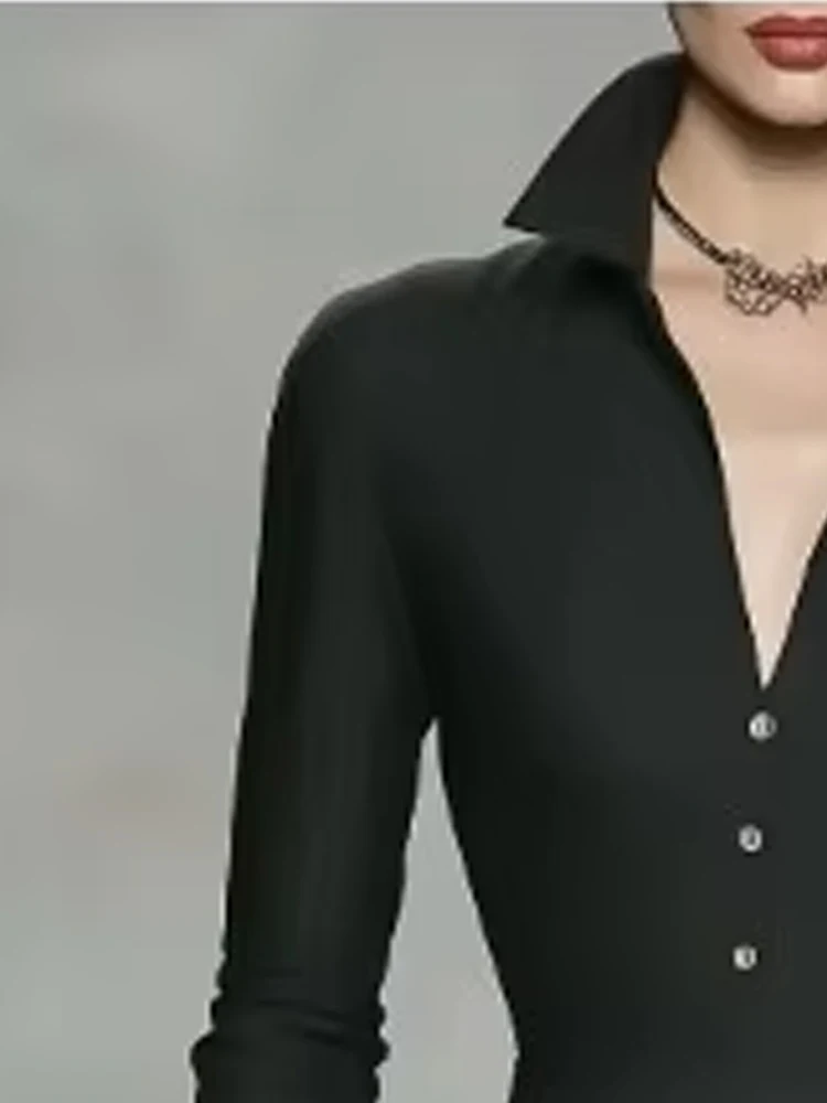 

Women's Elegant Solid Black Maxi Dress Lapel Button Long Sleeve Fitted Waist Flared Hem Formal Party Dress For Autumn Winter