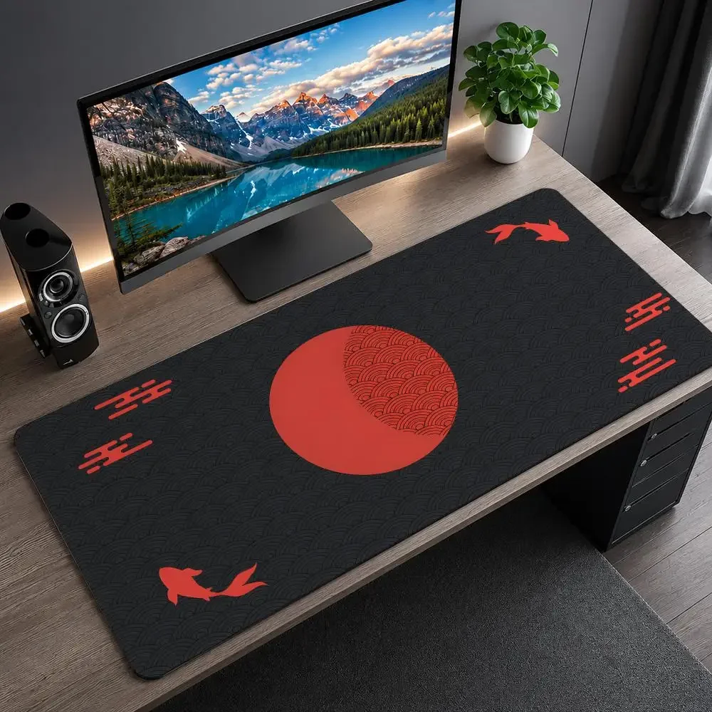 Black & Red Koi Fish Sun Cloud Japan Art Seal Sunrise Mouse Pad Rubber Base Gaming Desk Mat For Keyboard Gamers Office