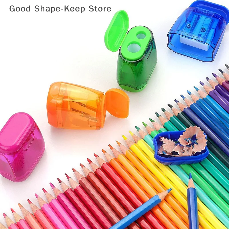 مجموعة مبراة أقلام رصاص يدوية محمولة بفتحة مزدوجة مكونة من 4 قطع مع غطاء وحاوية نجارة لأقلام الرصاص الملونة #3