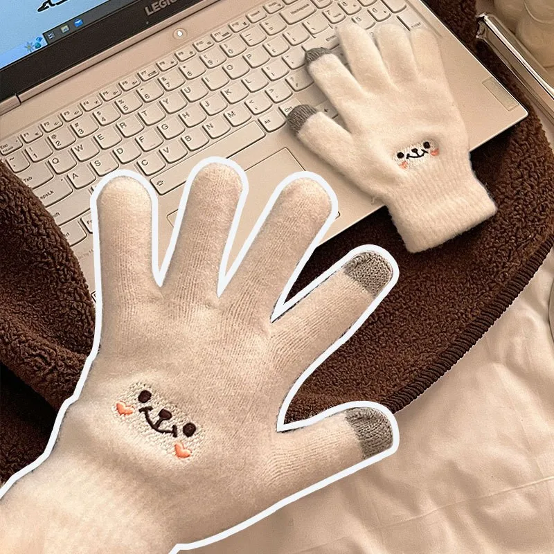 Autumn Winter Women's Gloves Cute Smile Gloves Five Fingers Solid Color Resistant Touch Screen Cotton Gloves Fashion Comfortable