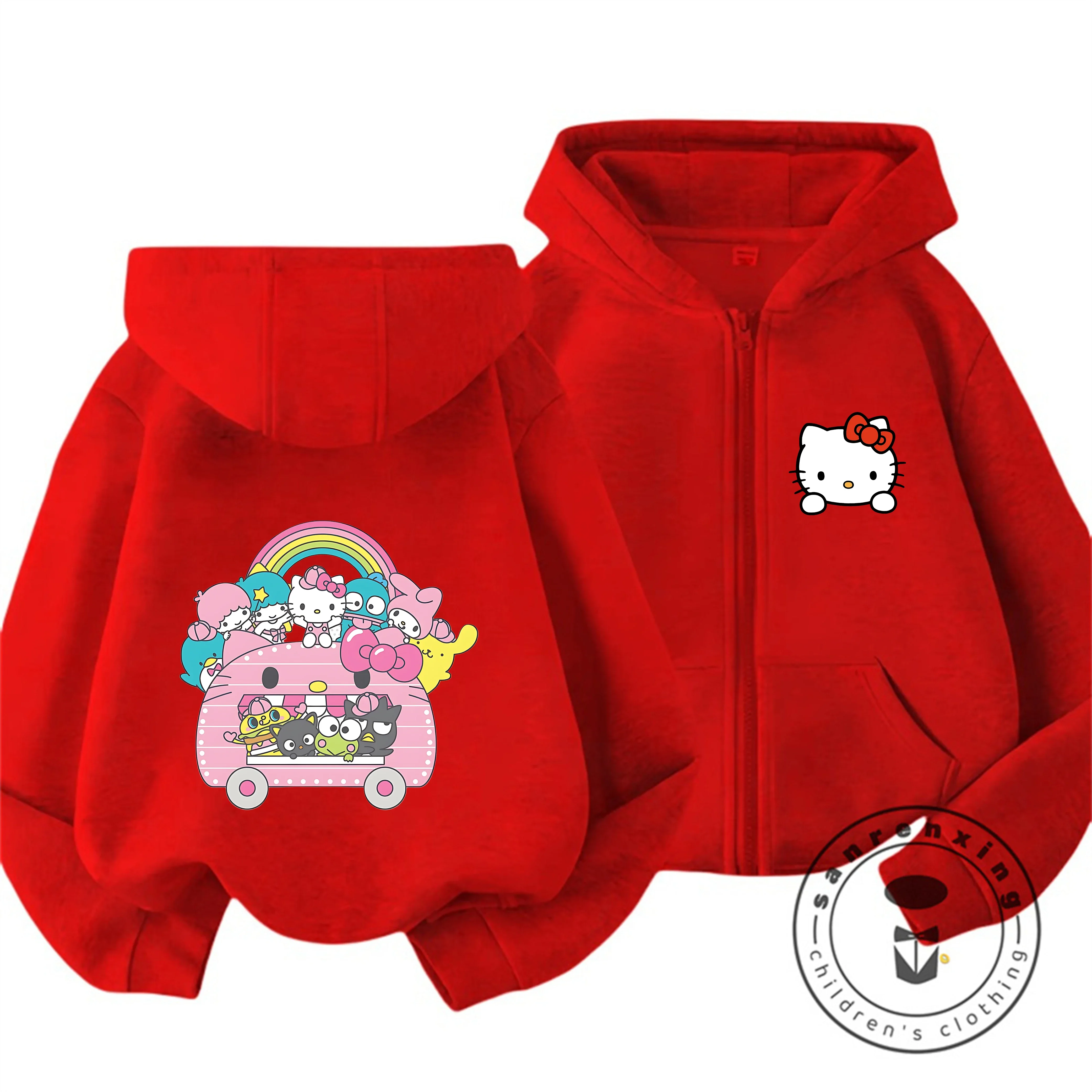 

Stylish Trendy 2026 Hello Kitty Zipper Hooded Sweatshirt 3-14Y Boys Girls Autumn Winter Cute Kawaii Cartoon Street Hot Fashion