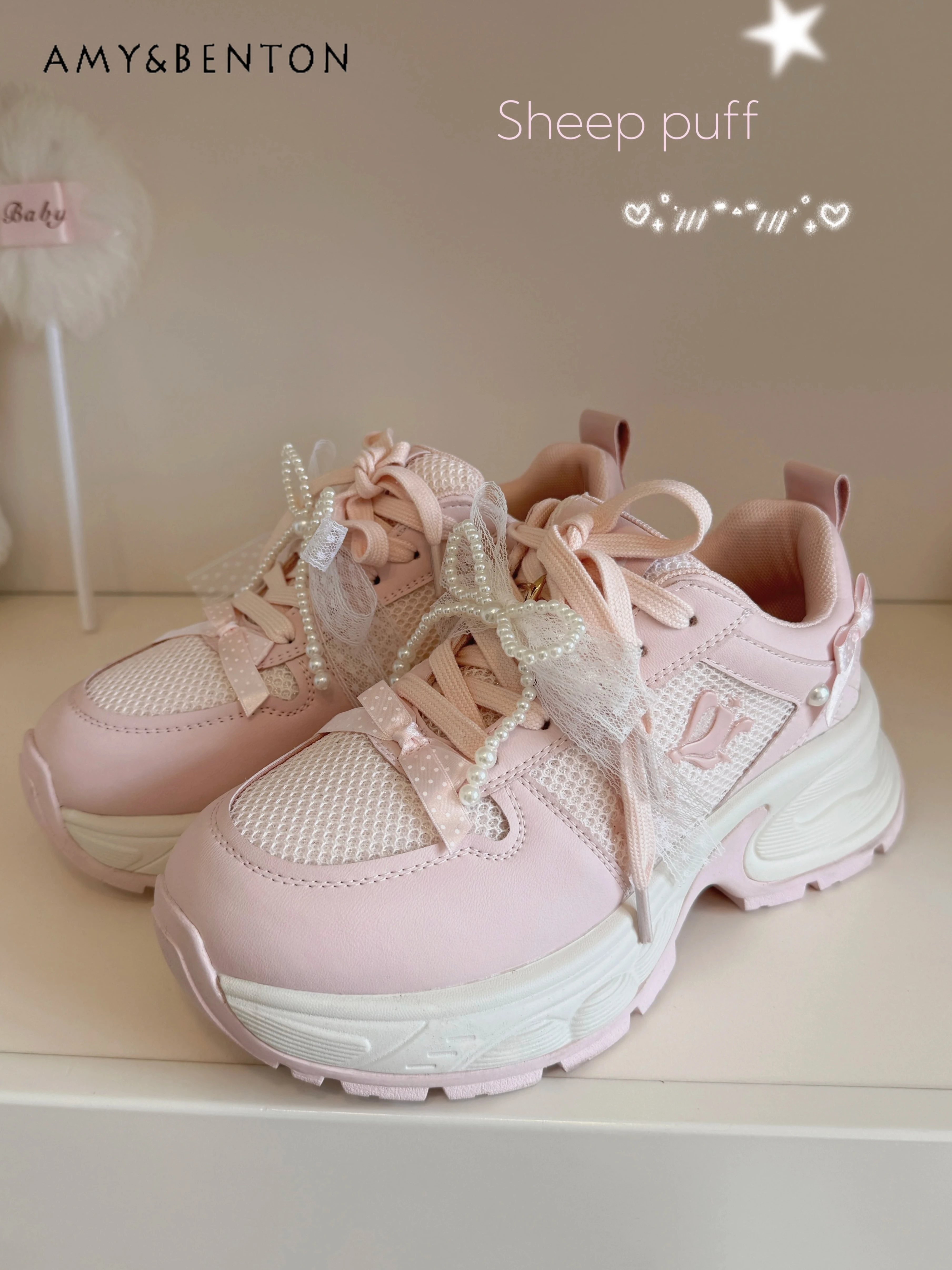 

Original Kawaii Lolita Sneakers Preppy Style Sweet Pearl Bow Lace Strap Breathable Platform Shoes Casual Versatile Pantshoes