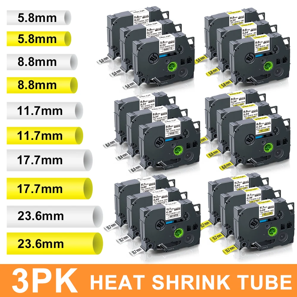 Heat Shrink Tube Tape para Brother, Label Maker, P Touch, compatível para Hse 231, Hse-211, 221, 241, 251, 611, 621, 631, 3PK, Hse-231