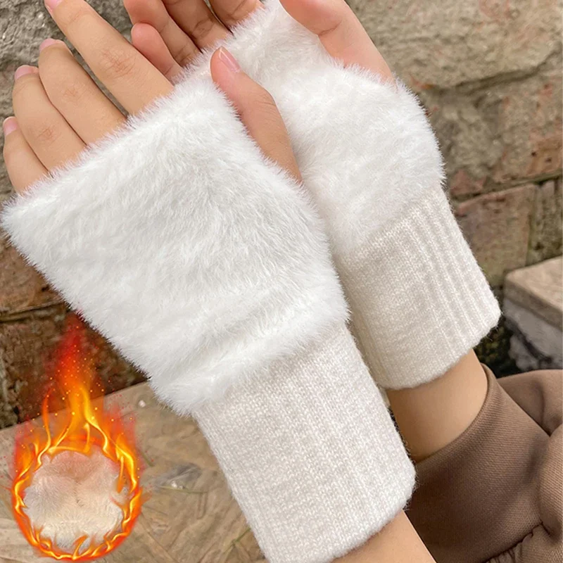 

Mink Fleece Soft Winter Half Finger Gloves Women Warm Solid Color White Plush Knitted Fingerless Gloves Wrist Mittens Writting