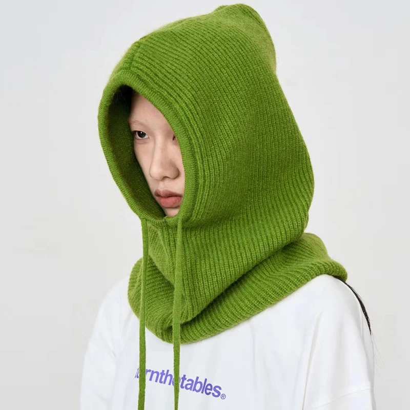 니트 후드 모자 겨울 바라클라바 모자 여성 한국식 야외 따뜻한 드로스트링 모자 원피스 넥칼라 비니 모자