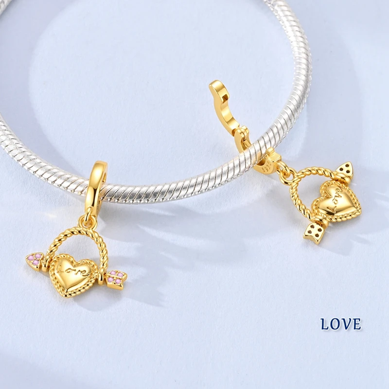 925 Sterling Silver Charms Bead CZ Zircon Gold Plated Cupid's Arrow Dangle Fit Original Bracelet DIY Women Jewelry Gift