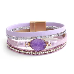 Amorcome Trendy Purple Resin Stones Wrap Bracelet Charm Multilayer Leather Bracelets & Bangles Female Jewelry Gifts