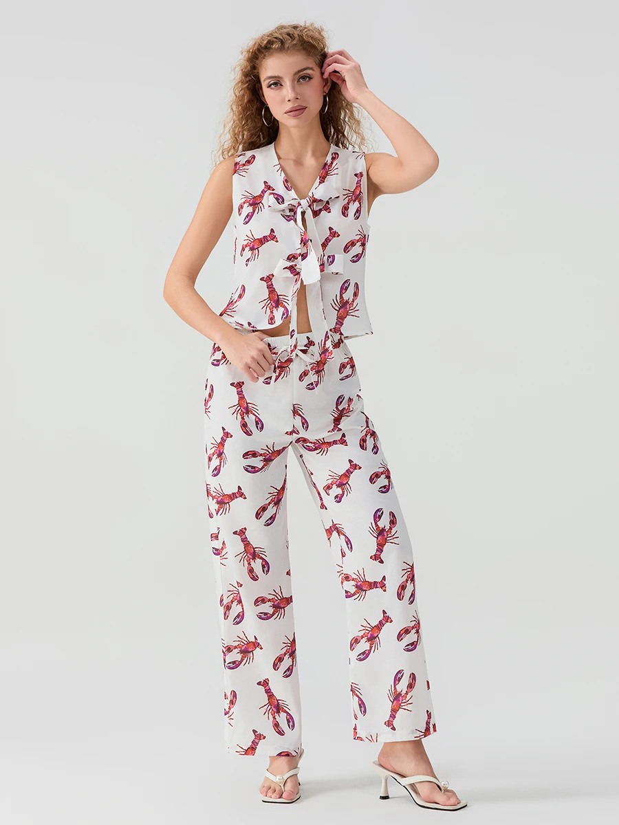 wsevypo Stylish Lobster Print 2Pieces Pants Suits Summer Women\'s Bow Tied Front V-Neck Tank Tops and Loose Wide Leg Pants Sets