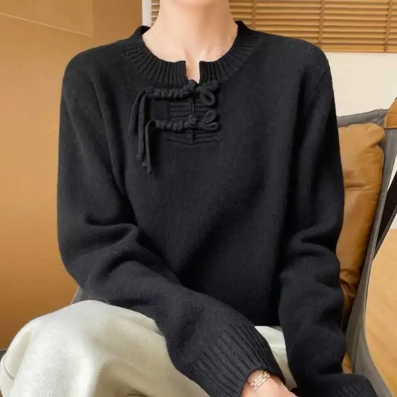 جديد النمط الصيني مشبك متماسكة سترة للنساء في الخريف والشتاء جولة الرقبة فضفاضة سترة عصرية تنوعا قاعدة ارتداء