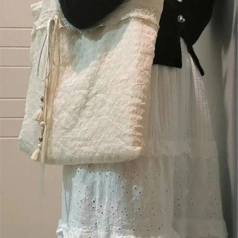 Bloom Haruku Beige Canvas Shoulder Bags Women Vintage Lace Large Capcity Tote Bag Purse Female Versatile Casual Handbag Y2k