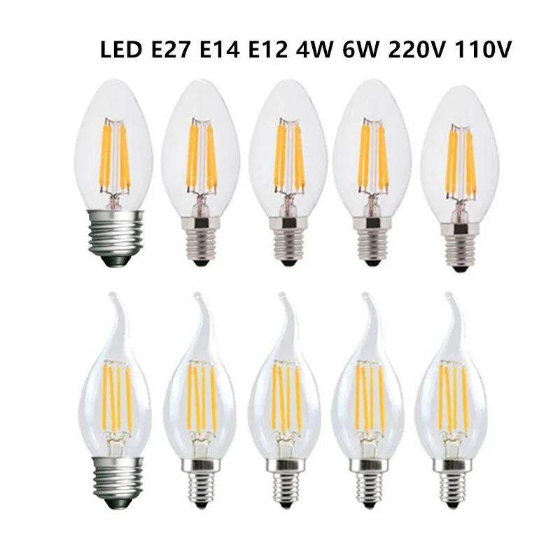 10pcs LED Candle Bulb E14 2W 4W 6W  C35L C35 Filament Lamp 220V   Light bulb Warm/Cold White Edison Retro Chandelier Ligh