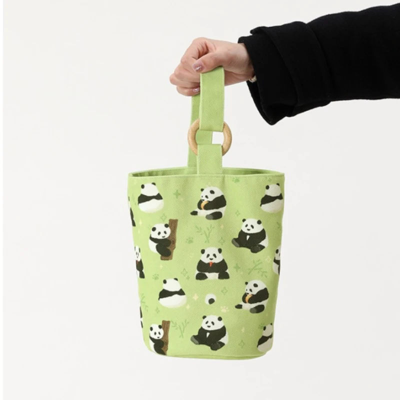 Bolso de mano de lona con estampado de dibujos animados de Panda, Mini bolsa de cubo portátil, bolsa de almuerzo linda, bolsa de almacenamiento informal de viaje, nueva tendencia que combina con todo