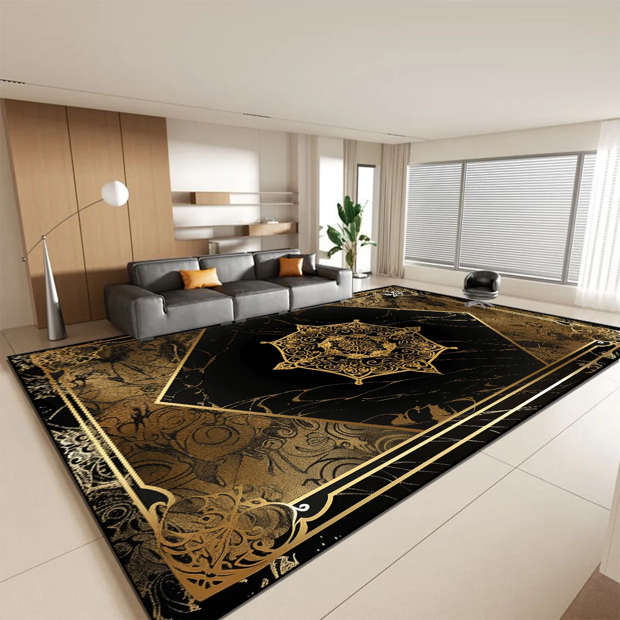 European Style Senior Black Large Living Room Carpet Luxury Gold Decorative Parlor Sofa Side Floor Mat Washable Rugs for Bedroom