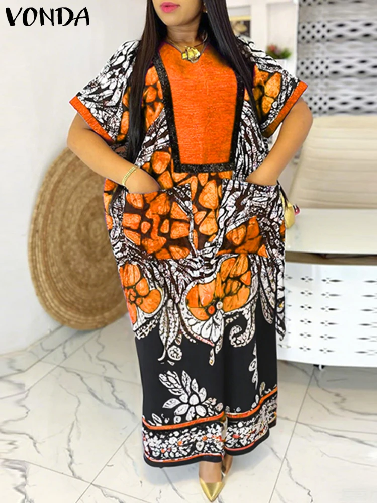 2025 VONDA vestido estampado bohemio de verano para mujer, Maxi Vestidos Vintage de manga corta con cuello en V, vestido veraniego para fiesta, vestido largo holgado informal