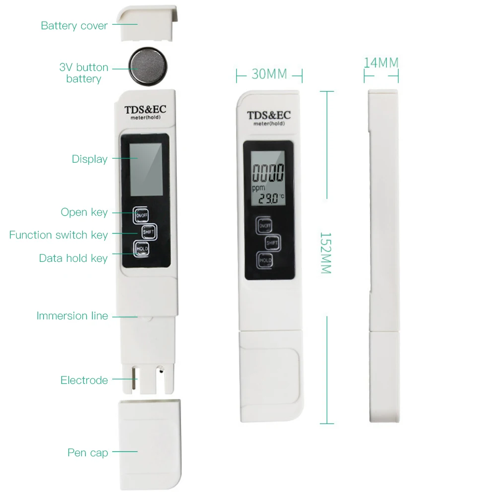LED Digital Water Quality Tester TDS EC Meter Range 0-9990 Multifunctional Water Purity Temperature Meter TEMP PPM Tester
