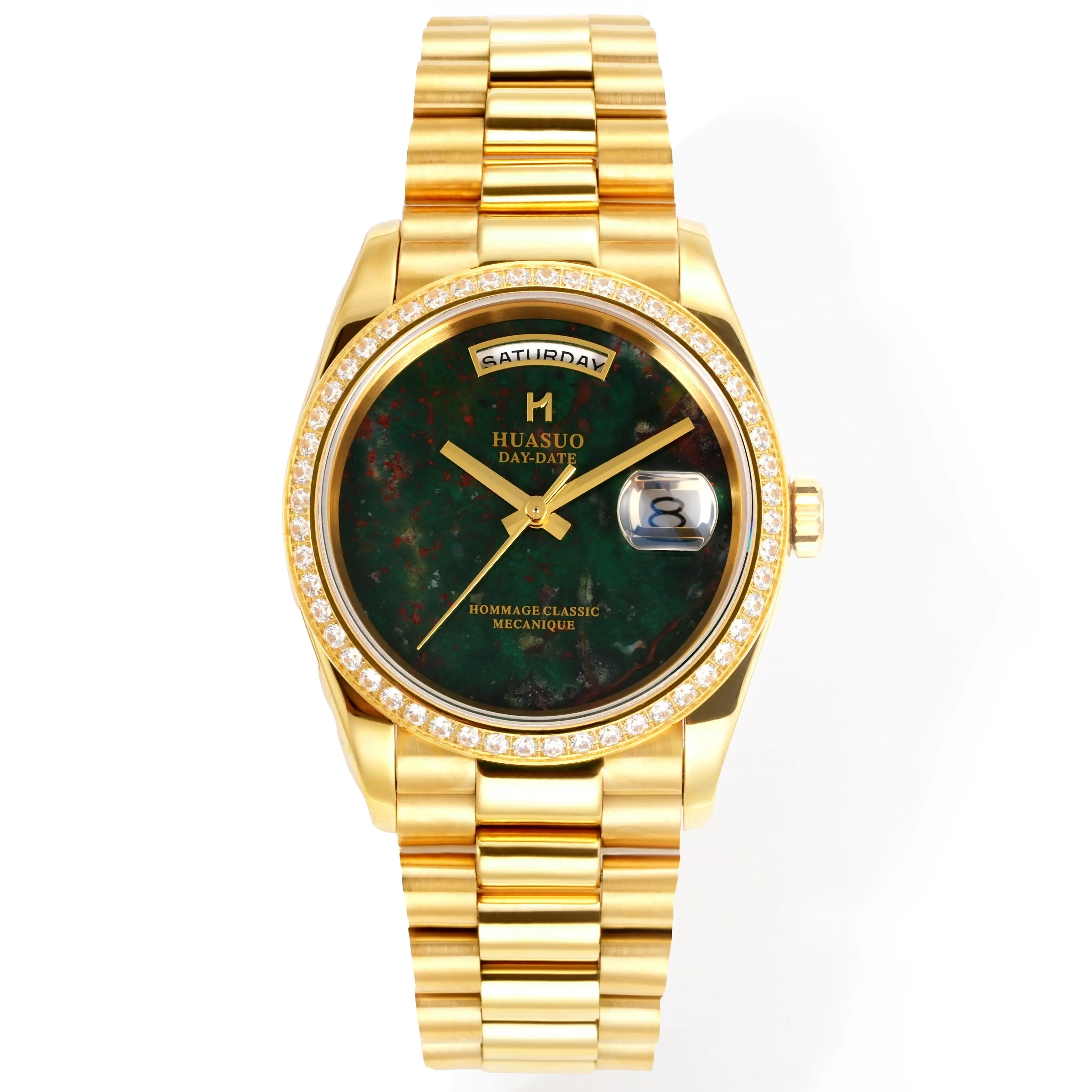 HUASUO 36mm Men Automatic Mechanical Watch 2834 Movement Chicken Blood Stone Dial Day Date Sapphire Waterproof Luxury Wristwatch