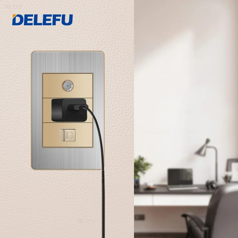 DELEFU Gold function key Stainless steel Gold panel American Standard series 118*74mm wall computer combination socket switch