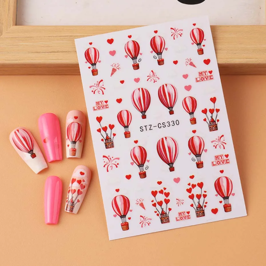 Autocollants pour Nail Art, ballon en forme de cœur d'amour, pour la saint-valentin, Design mignon, autocollants auto-adhésifs pour Nail Art, curseur, accessoires de manucure, 2 pièces