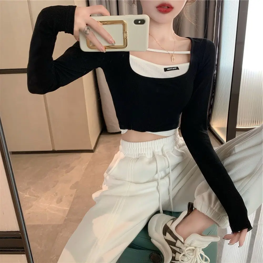 Fashion Fake Two Pieces Long Sleeve T-shirts Women Korean Style Corp Top Ins Hollow Out Slim Simple Trendy Chic Sexy New