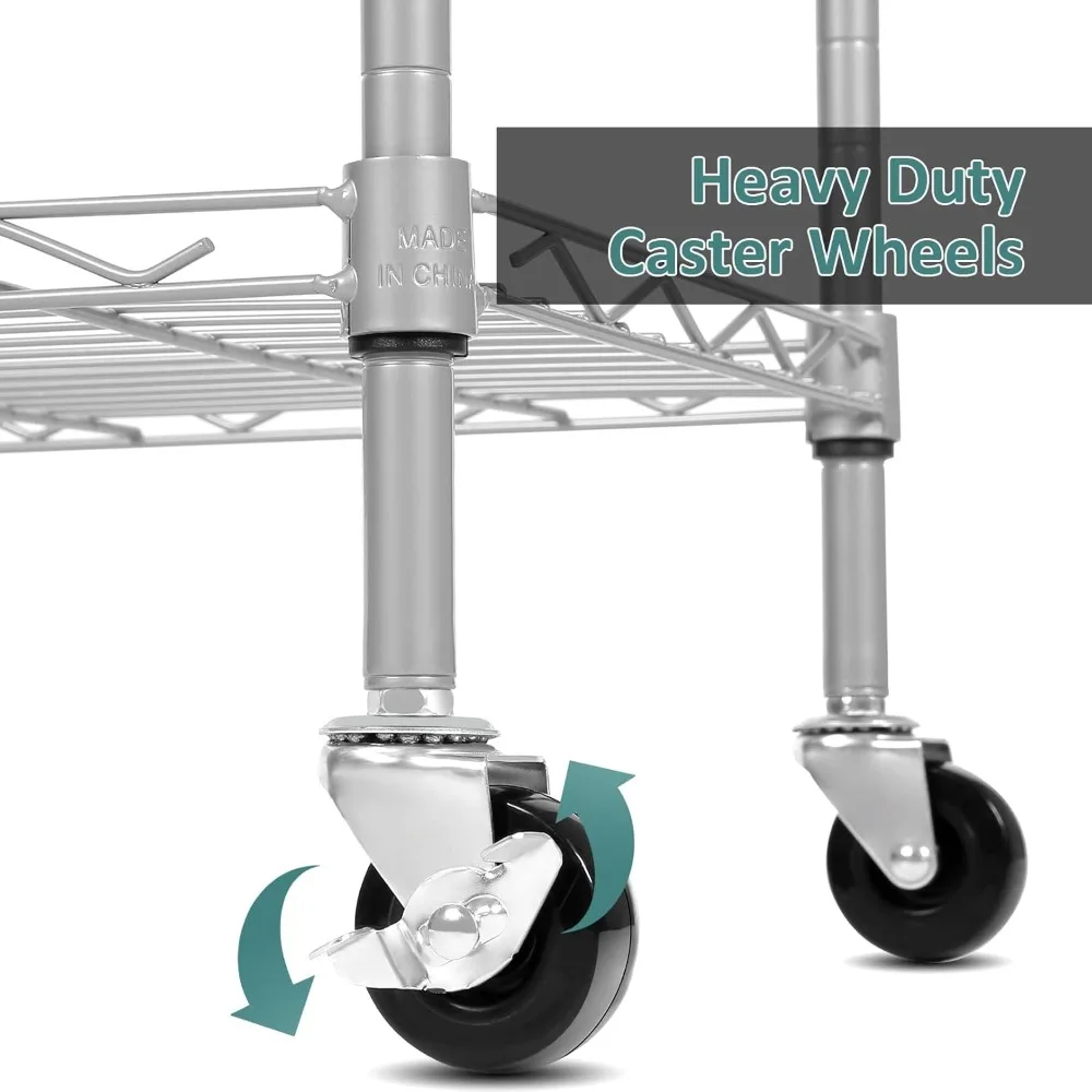 Estantería de almacenamiento de 6 niveles, estantería de alambre, organización de estante independiente con ruedas, ganchos laterales de acero inoxidable, gris plateado