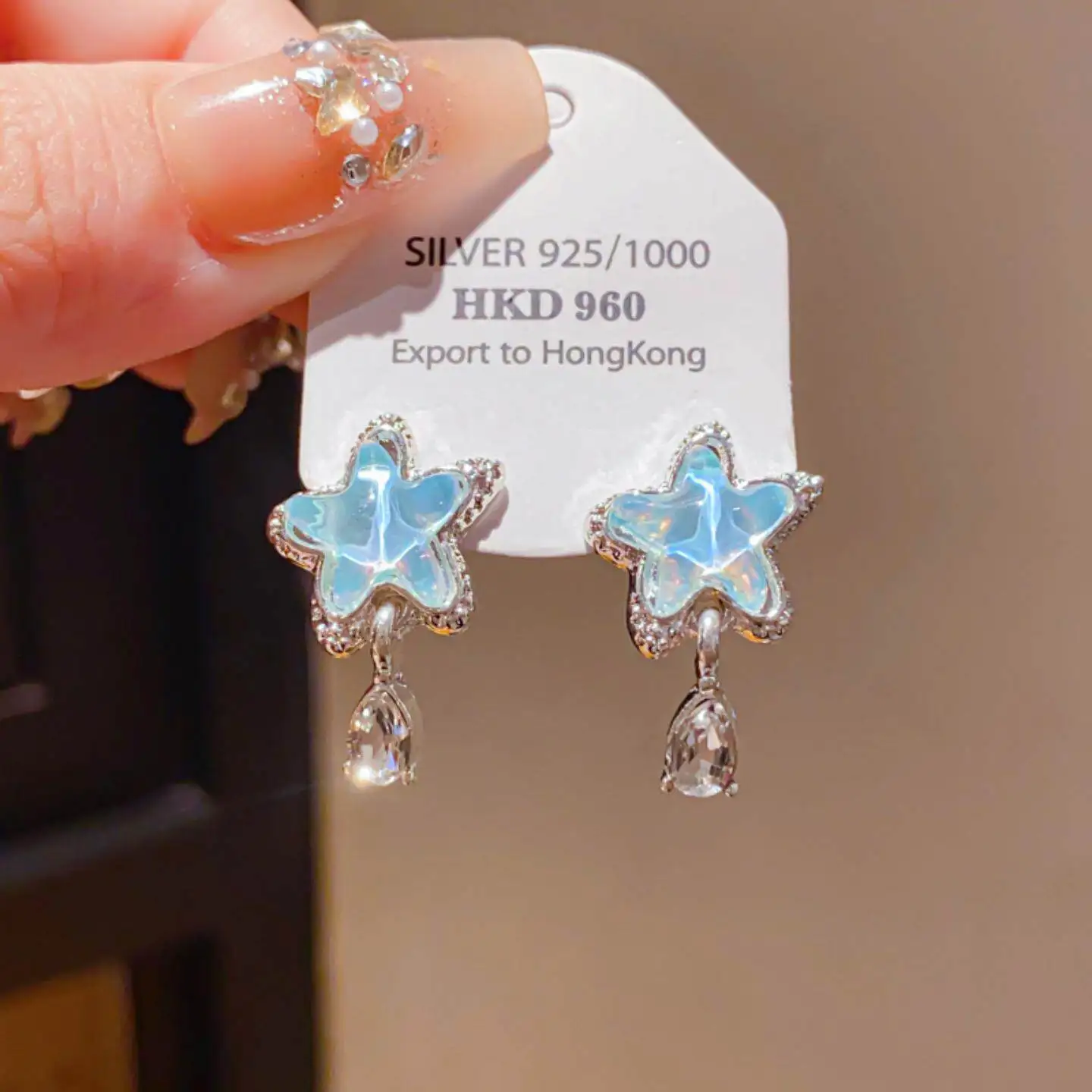 Star-shaped Stud Earrings for Women Niche Exquisite and Sweet Blue Five-pointed Star Light Luxury Pendant Earrings Jewelry Gift