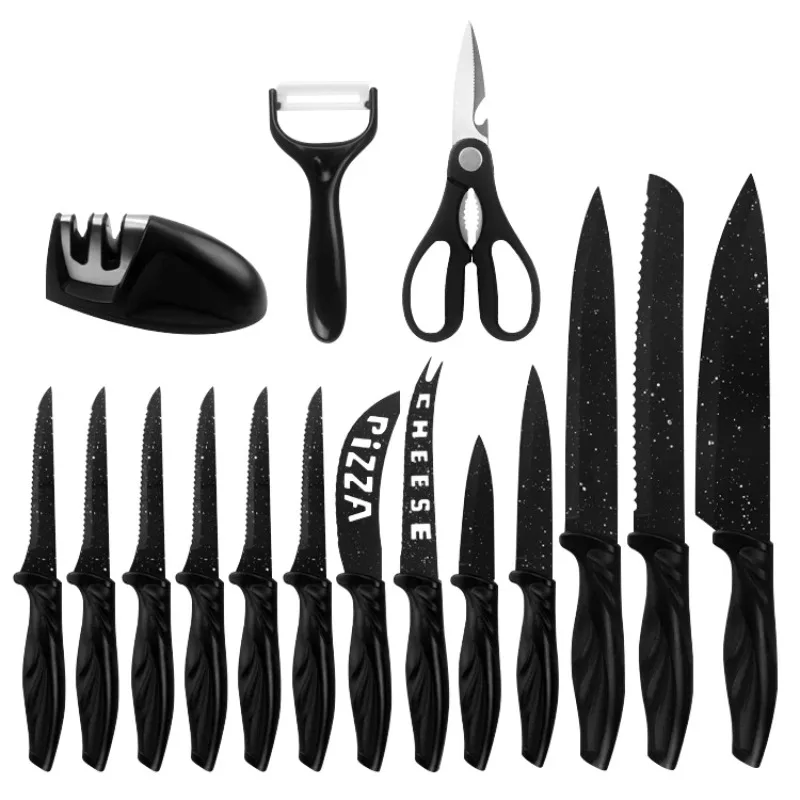 17PCs Kitchen Chef Knife Set Scissors Stainless Steel Pizza Cheese Steak Knife Peeler Meat Cleaver Knife Stand Sharpener Cutlery