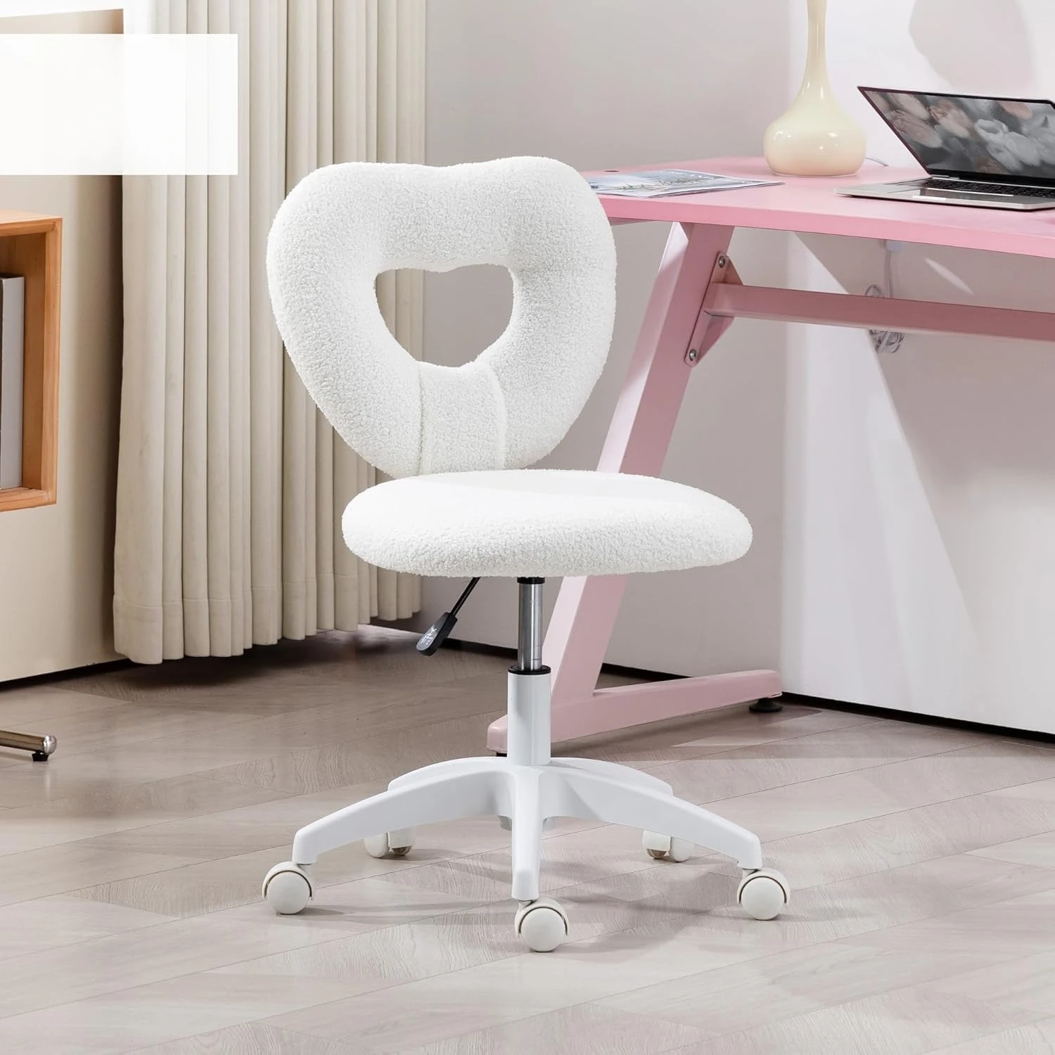 

Armless Home Office Cute Desk Chair, Height Adjustable Computer Task Chair, Modern Teddy Fleece Heart Makeup Vanity Chair