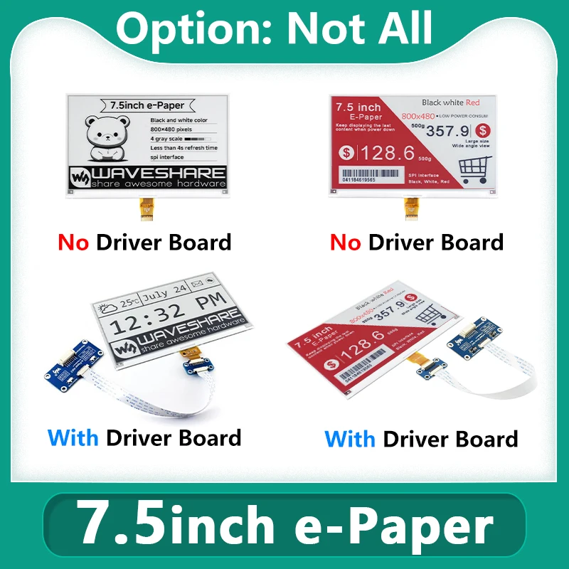 Raspberry Pi 7.5 inch e-Paper E-Ink display HAT 800×480 SPI Interface For Raspberry Pi / STM32/ Jetson Nano/ Arduino