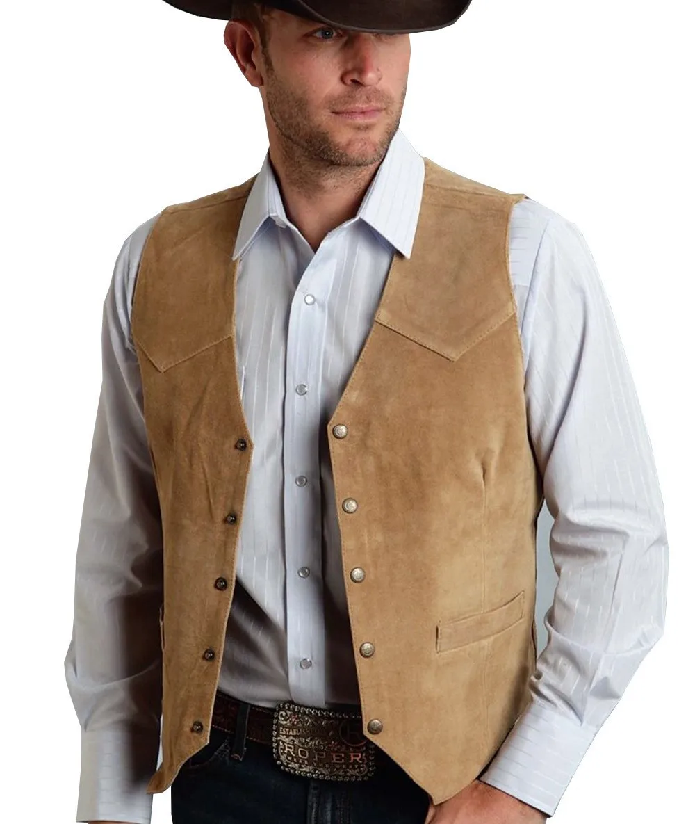 2026 Men Vest Gold Suede Leather Gentleman Business Waistcoat Vintage Western Cowboy Regular Slim Business Banquet Suit Vest