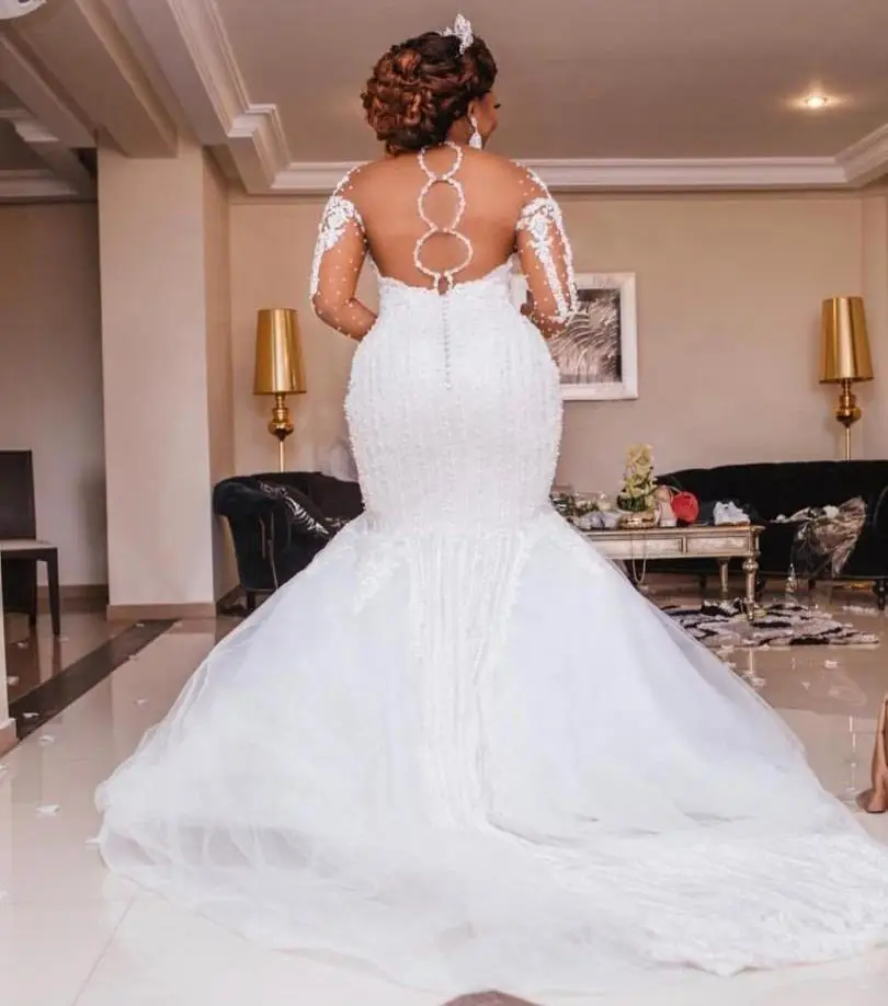 Personalizado sem alças manga longa até o chão personalizado formal nupcial sereia renda vestido de casamento africano