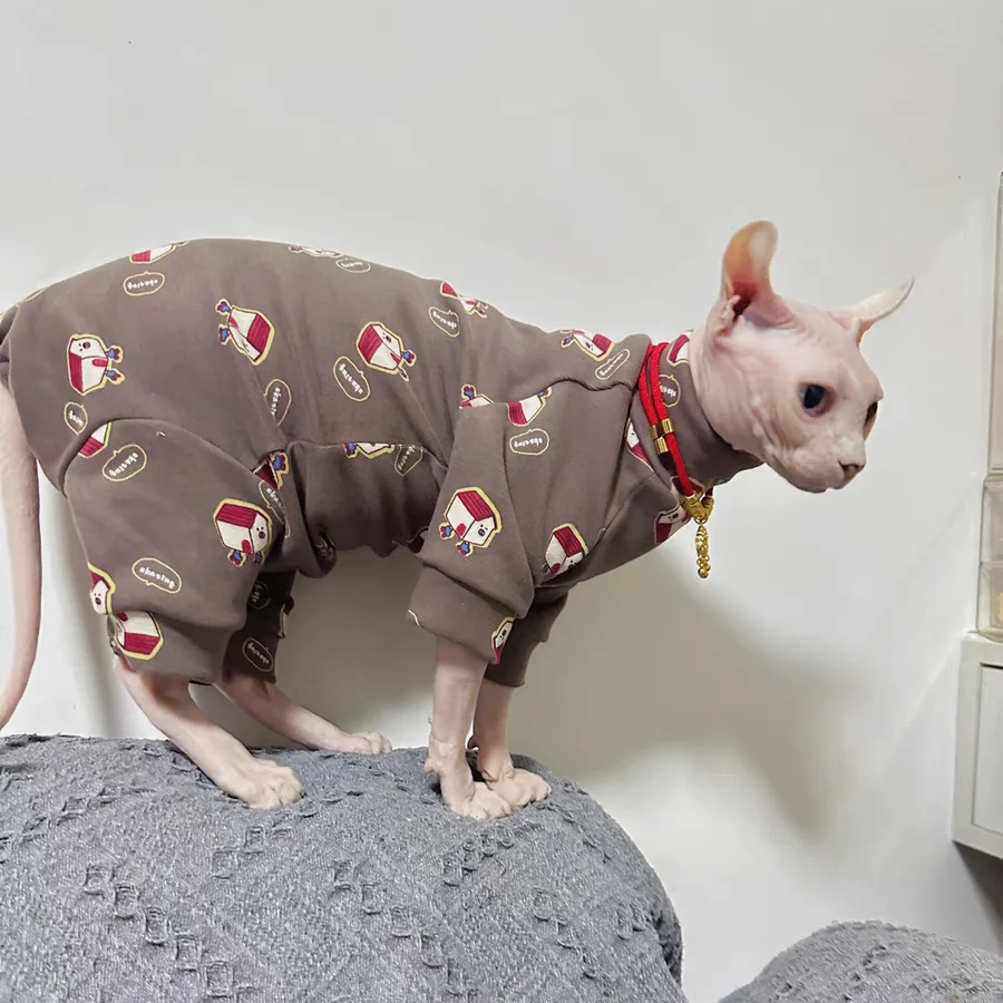 Cotton Coat for Sphynx Cat in Spring Autumn Soft Cartoon Jumpsuit Coffee Sweatshirt for Kittens T-shirt elestic For Devon Rex