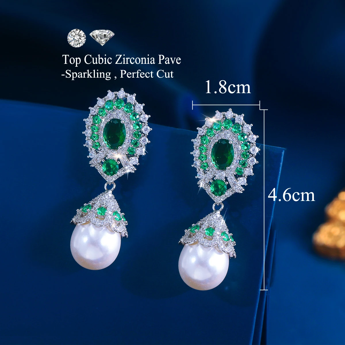 CWWZircons Gorgeous Green CZ Zircon Micro Pave Big Oval Long Dangle Pearl Earrings for Women Wedding Pageant Party Jewelry E1186