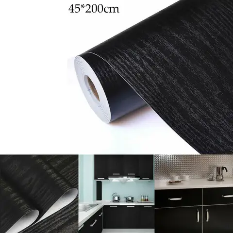 45x200cm preto grão de madeira espessamento papel de parede filme móveis cozinha vinil armário mesas diy renovação papel de parede