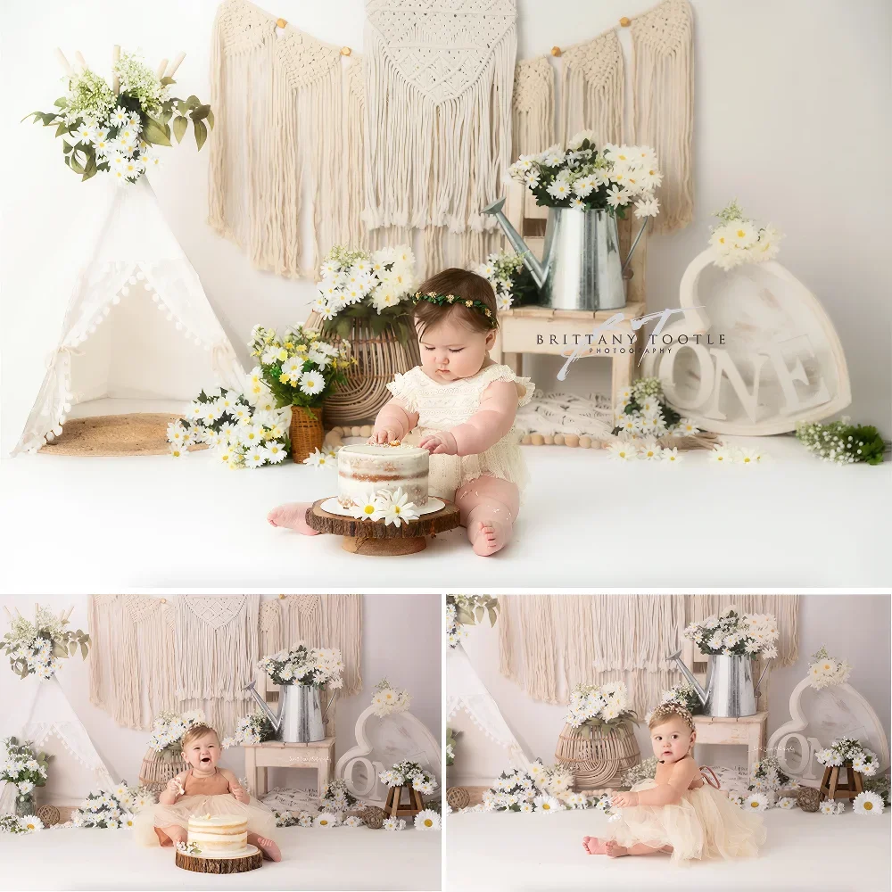 Baby Shower Background 1 Year Old Celebration Party Bohemian Style Pure White Cake Smash Birthday Portrait Backdrop Photography