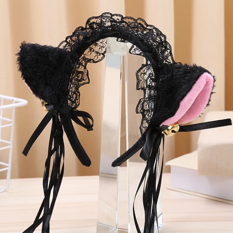 Sexy Cat Ears Headwear Women Girls Masquerade Halloween Cosplay Lace Cat Ear Anime Party Costume Bell Headband Hair Accessories