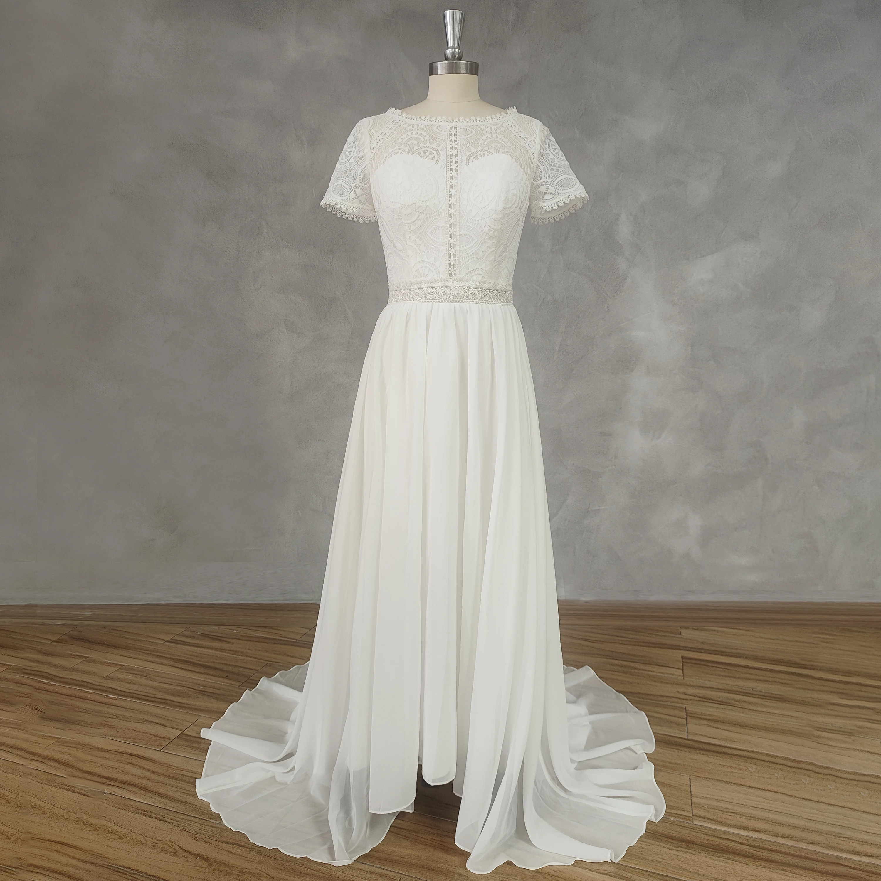 

DIDEYTTAWL Real Picture Boho O-Neck Short Sleeves Lace A-Line Wedding Dress Chiffon Cut-Out Back Court Train Bridal Gown