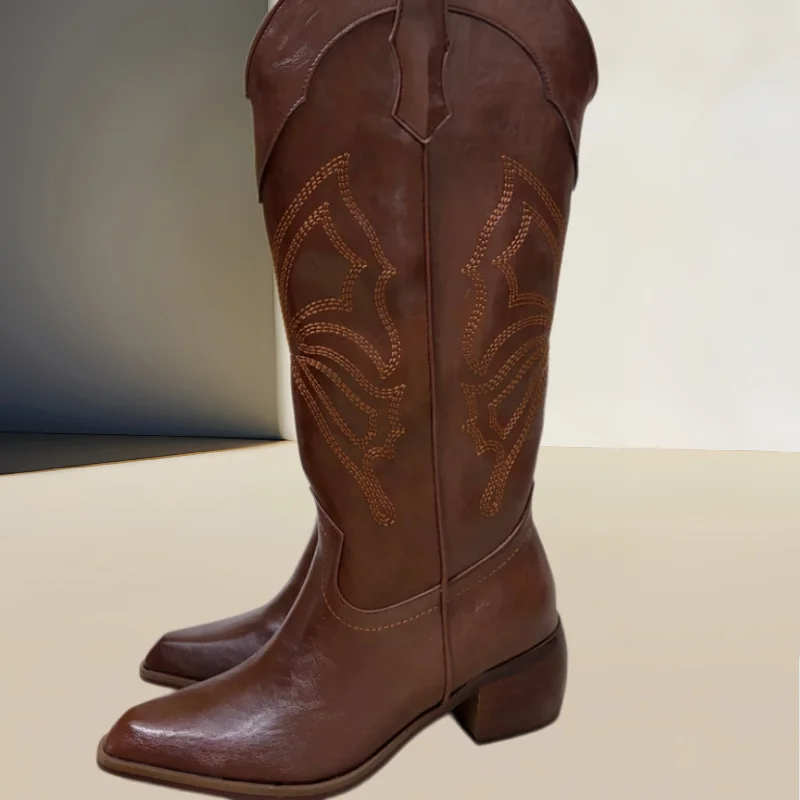 Butterfly Pattern Shoes for Ladies Embroidery Chunky High Heels Crystal Female Mid Calf Boots Pleated Zapatos Mujer Sewing Lines